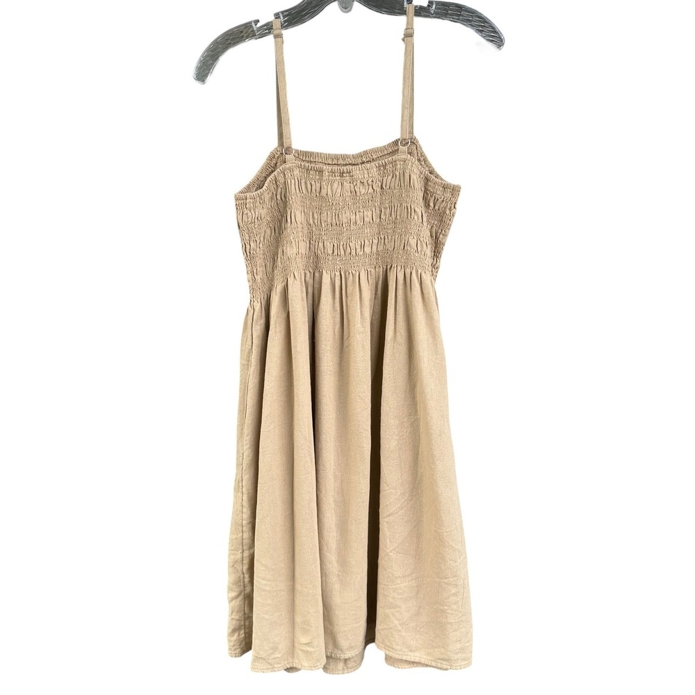 Universal Thread Tan Linen Blend Smocked Mini Sun Dress Pockets Womens Small - Picture 3 of 8